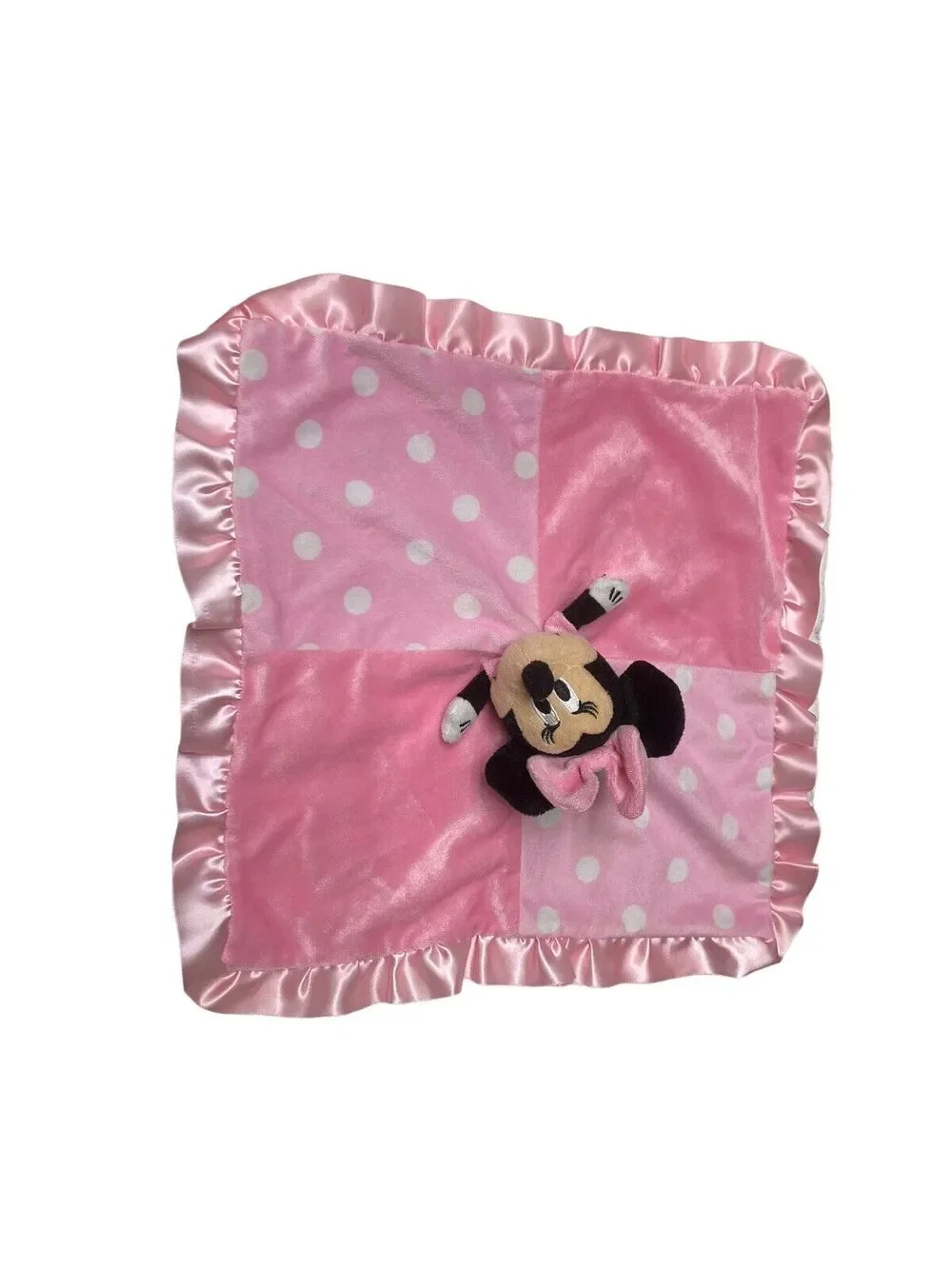 Disney Baby Minnie Mouse Pink Polka Dots Satin Trim Lovey Security Baby Blanket